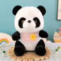 Adorable jouet en peluche panda variante avec bavoir à carreaux roses et fleur jaune - Panda Écharpe Rose / 25cm