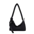 Solid black padded shoulder bag with knotted strap, large capacity soft commuting tote. - Black