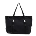 Black canvas tote bag for women, large capacity casual travel shoulder bag with metal buckles. - Black