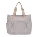 Light Grey Nylon Tote Bag Casual Commuter Handbag with Contrast Beige Canvas Straps - Khaki