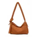 Caramel brown quilted shoulder bag, trendy puffer hobo bag with stylish knotted strap. - Orange