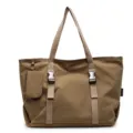 Large capacity khaki tote bag, casual travel shoulder bag with side pouch and dual straps. - Khaki