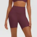 Pantaloncini da yoga a vita alta effetto nudo per donna, traspiranti controllo pancia per fitness sport. - Rosso Vino