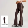 High-waist flared yoga pants with contrast side stripes, stretchy nude-feel fitness leggings. - Distilled Coffee