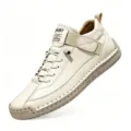 Beige mittelhohe Freizeitschuhe aus Leder für Damen und Herren mit robuster Gummisohle. - 38 / Beige mit gelber Sohle