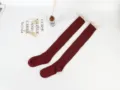 Japanese autumn winter lace over the knee socks burgundy cable knit Lolita high socks main view - One Size / Burgundy
