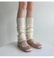 Women knit leg warmers winter warm stacked socks with pink ballet flat shoes cute style. - Milk White