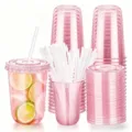 Gobelets en plastique rose de 12oz avec couvercles et pailles pour fêtes et événements. - 50 Lots / Gobelet U Rose 16oz + Couvercle Plat Rose + Paille Claire + Papier Antifuite