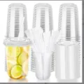Gobelets en plastique transparent 12oz avec couvercles et pailles pour fête, matériau PET. - 50 Lots / Gobelet U Transparent 16oz + Couvercle Plat Transparent + Paille Fine Claire 19cm + Papier Antifuite