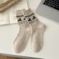 Nordic style wool socks with cute deer pattern, warm and cozy winter knit mid-tube socks. - Beige Deer
