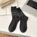 Cozy dark grey wool mid-tube socks featuring cute pink heart and bow Fair Isle Nordic knit pattern. - Dark Grey Bow