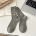 Autumn winter Nordic style wool socks with cute bows and hearts mid tube casual knit hosiery - Light Gray Butterfly