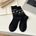 Nordic style winter woolen socks featuring cute deer pattern, warm and cozy mid-tube design. - Black Reindeer