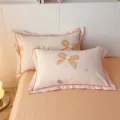 Funda de almohada de algodón puro estampada pieza única con lazo para dormitorio. - Mariposa de Flor-Beige / Par de Fundas de Almohada 48x74cm