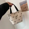 Corduroy Tote Tas Schattige Strik Handtas Grote Capaciteit Bento Lunch Tas Casual Dagelijks - Broken Wit