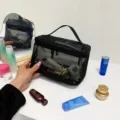 Tragbare schwarze Mesh Reise Kosmetiktasche, doppelte Schicht Reißverschluss Kulturbeutel Etui. - Schwarz Einlagig