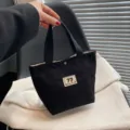 Zwarte geribbelde handtas vintage draagbare lunchbox tas grote capaciteit nieuw ontwerp - Zwart