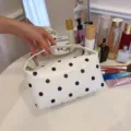 Zwart-witte stippen cosmetische tas, PU leer draagbare make-up opslag etui style - Wit