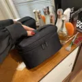 Zwarte stoffen cosmetische tas minimalisten effen make-up etui grote reis organisator - L