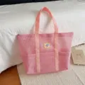 Roze mesh shopper tas grote capaciteit schoudertas voor reizen strand stijlvol mooi - Roze