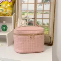 Roze PU Geweven Make-up Tas Grote Capaciteit Cosmetische Opbergtas met Gouden Rits en Handvat - Roze