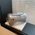 Silver PU leather cosmetic bag, large capacity portable toiletry travel organizer pouch. - Silver