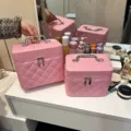 Roze gewatteerde make-up tas draagbare cosmetische organizer PU lederen reistas box - Kleine Maat / Roze