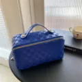 Blue checkerboard cosmetic bag large capacity portable makeup organizer toiletry case - Blue