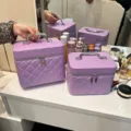 Purple diamond quilted cosmetic bag portable PU leather makeup organizer case for travel daily use - Purple