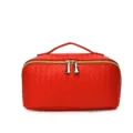 Sac cosmétique en cuir PU tissé rouge, grand organisateur de maquillage portable avec fermetures. - Rouge Vif