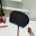 Black and white tweed dome cosmetic bag portable zipper makeup pouch travel toiletry organizer - Black