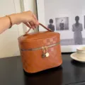 Brown checkered cosmetic bag PU leather vanity case portable travel makeup storage bag with handle - Brown