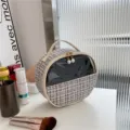 Ronde tweed cosmetische tas met doorzichtig venster en parel, make-up organizer etui. - Wit