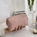 Roze geweven lederen cosmetische tas draagbare kleine make-up tas reisetui organizer - Roze