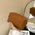 Brown woven leather cosmetic bag portable zipper makeup pouch for women daily travel storage - Brown