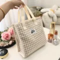 Vintage houndstooth canvas handtas grote capaciteit cosmetische opslag tas voor dames. - Khaki