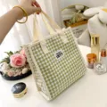 Retro green houndstooth canvas cosmetic bag large capacity daily handbag for women - Green