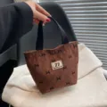 Retro corduroy handtas schattige strik print cosmetische tas draagbare lunch bento tas - koffiekleur