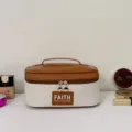 Stylish quilted PU color-block cosmetic bag with handle, large capacity makeup storage. - Horizontal / Brown