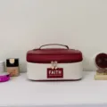 Two-tone quilted PU leather cosmetic bag with handle and zipper for daily travel use. - Horizontal / Red