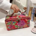Chinese stijl bloemen cosmetische tas, grote capaciteit PU lederen make-up opbergtas. - Rood