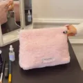 Pink plush cosmetic bag, autumn winter portable fluffy makeup pouch and storage organizer. - Clutch Style / Pink
