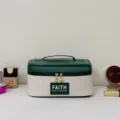 Green and white PU leather cosmetic bag with chic quilted design and handle for travel. - Horizontal / Green