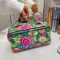 Grote cosmetische tas van PU-leer met vintage Chinese bloemenprint en dubbele ritssluiting. - Groen