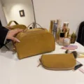 Vintage bruine grote capaciteit make-up tas set, draagbare cosmetische opbergtas. - Khaki