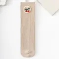 Cute kids knit tube socks with sweet cherry embroidery, perfect for spring and autumn daily wear. - One Size / Beige Cherry