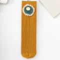 Cute girls ribbed mid-calf socks featuring lovely floral embroidery and delicate lace trim. - One Size / Turmeric Flower