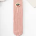 Cute pink girls mid-calf socks with sweet cherry embroidery, soft ribbed knit daily wear. - One Size / Pink Cherry
