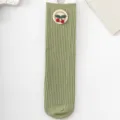 Kids green ribbed crew socks with cute cherry embroidery patch, comfortable spring toddler socks - One Size / Grass Green Cherry