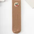 Cute baby girls brown ribbed mid-tube socks with sweet 3d cherry embroidery, soft toddler wear. - One Size / Khaki Cherry